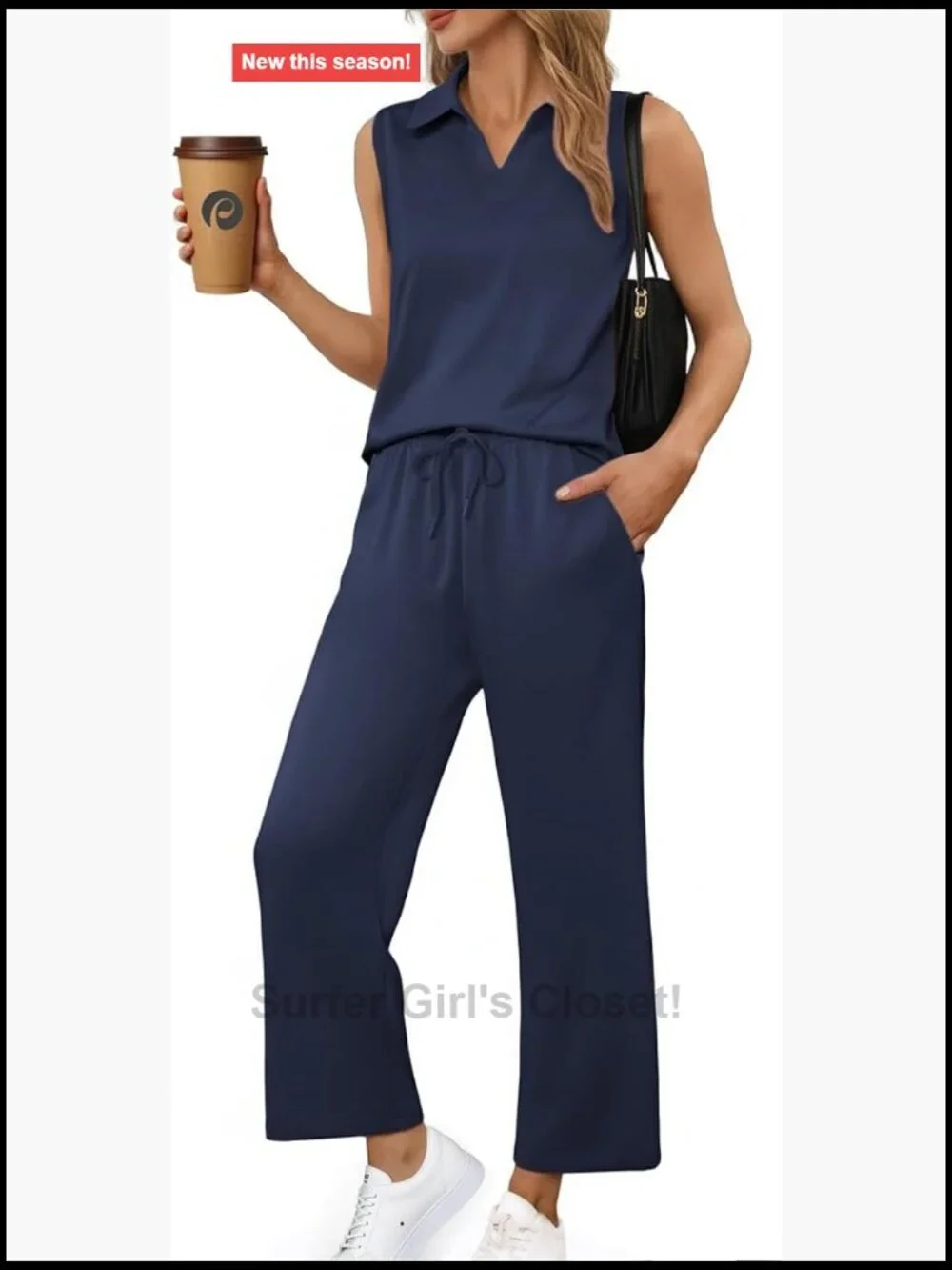 2 Piece Lounge Set Sleeveless V Neck Top Wide Leg Crop Pants Matching Sets